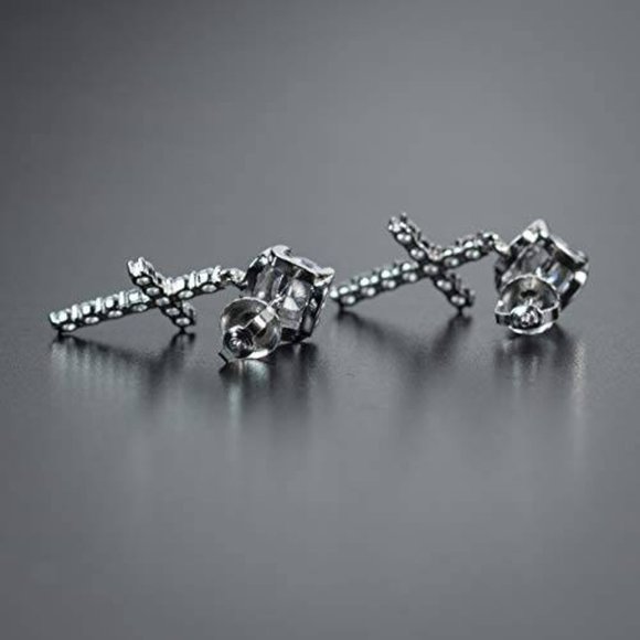 Mens Cross Drop Hanging Sterling Silver Cz Iced Stud Dangle Hoop Earrings - Picture 5 of 7